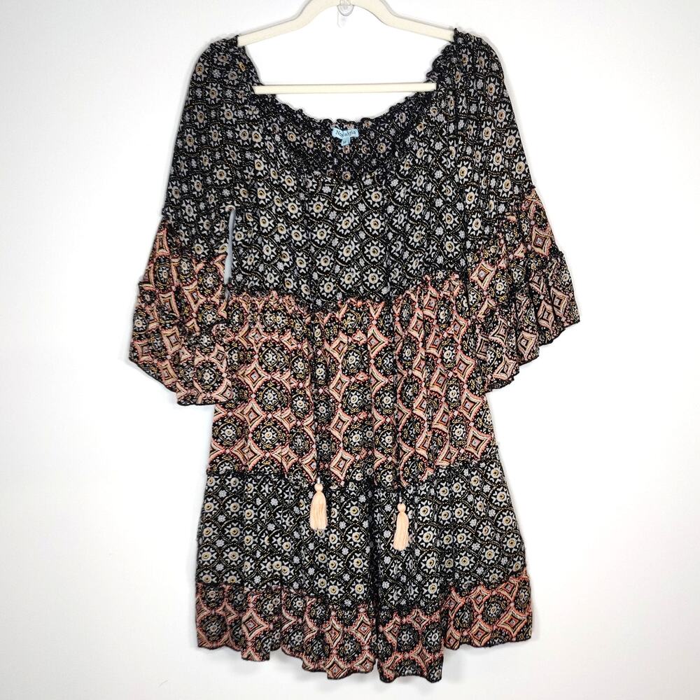 Nostalgia Boho Peasant Dress Bell Sleeve Patchwork Black Pink M‎